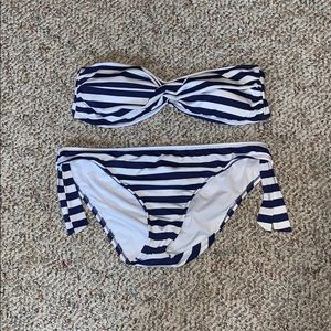 Navy blue and white striped bikini.